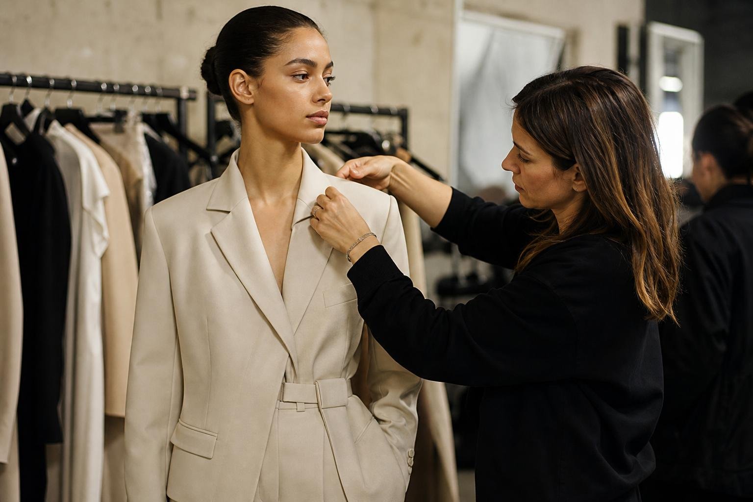 Model at a backstage fitting while a stylist adjusts a tailored garment