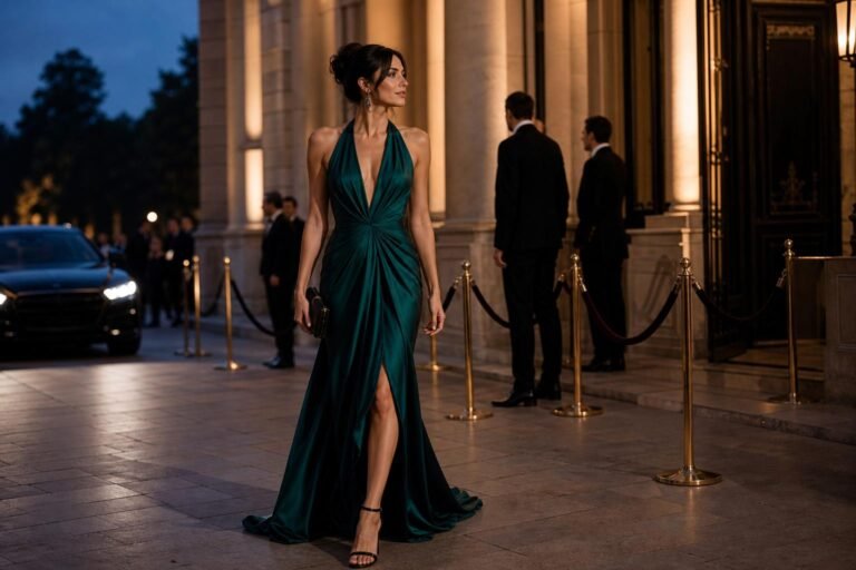 Elegant guest in a deep jewel-tone evening gown arriving at a formal gala entrance