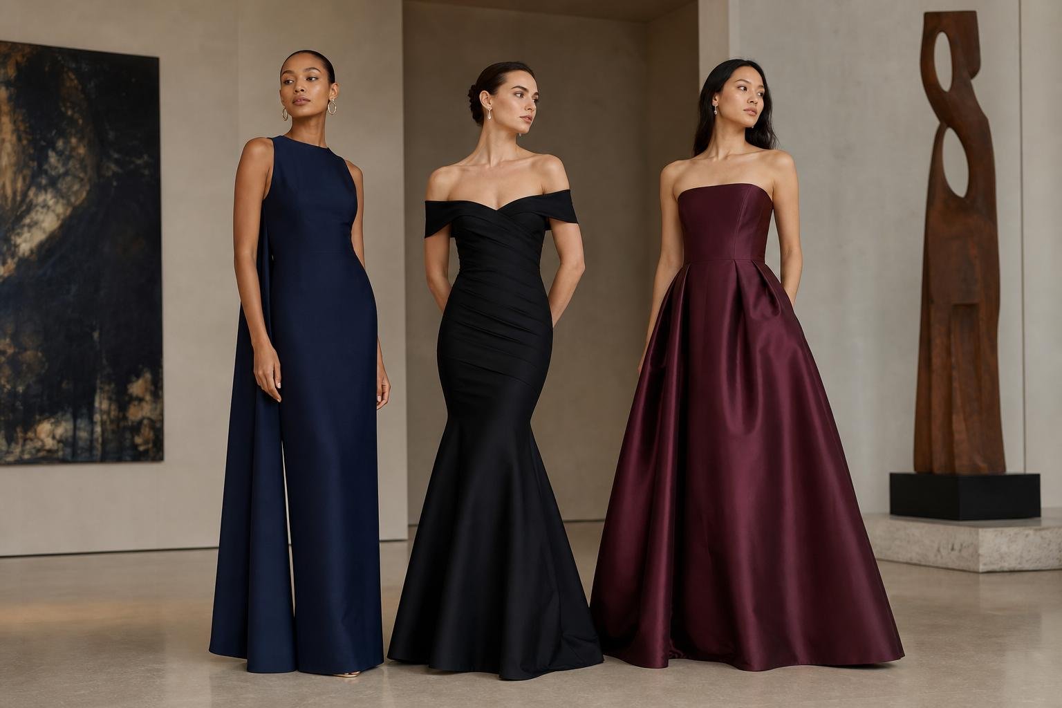 Three adult women in distinct evening gown silhouettes standing in an elegant gallery space