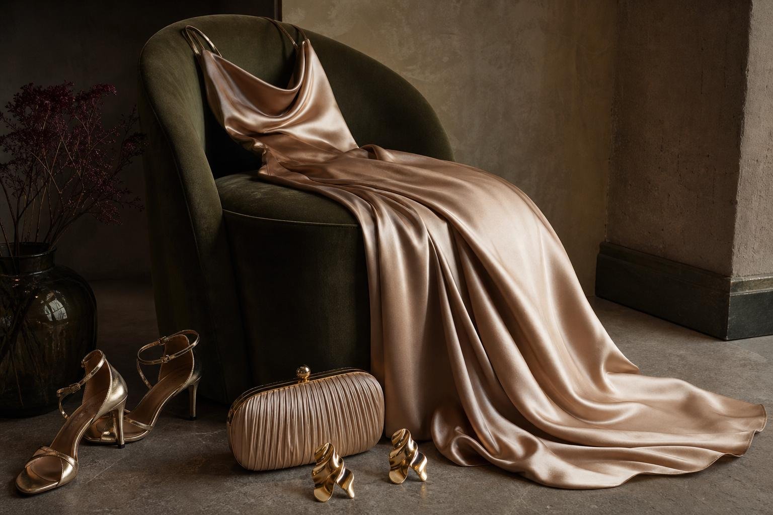 Close view of a satin gown with metallic earrings, a compact clutch, and elegant evening shoes