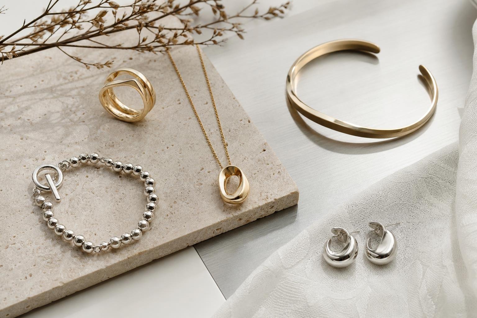 Elegant gold and silver jewelry arranged on a minimalist Seoul-inspired stone display