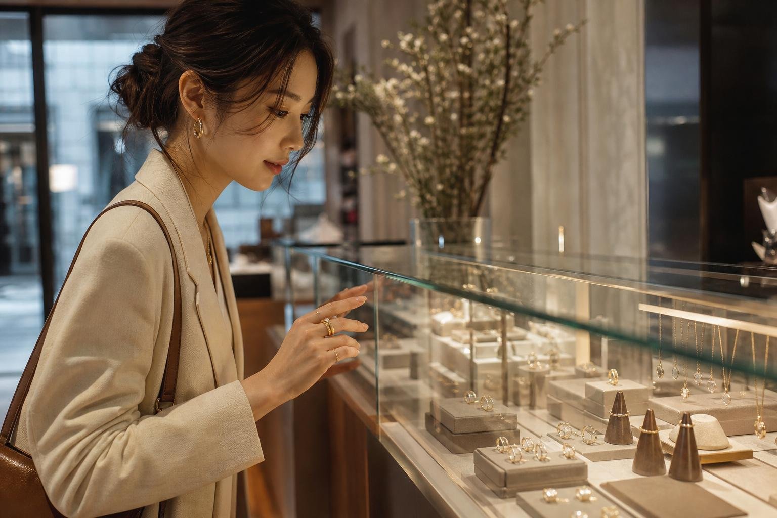 Shopper browsing jewelry stores seoul displays with gold rings and delicate necklaces