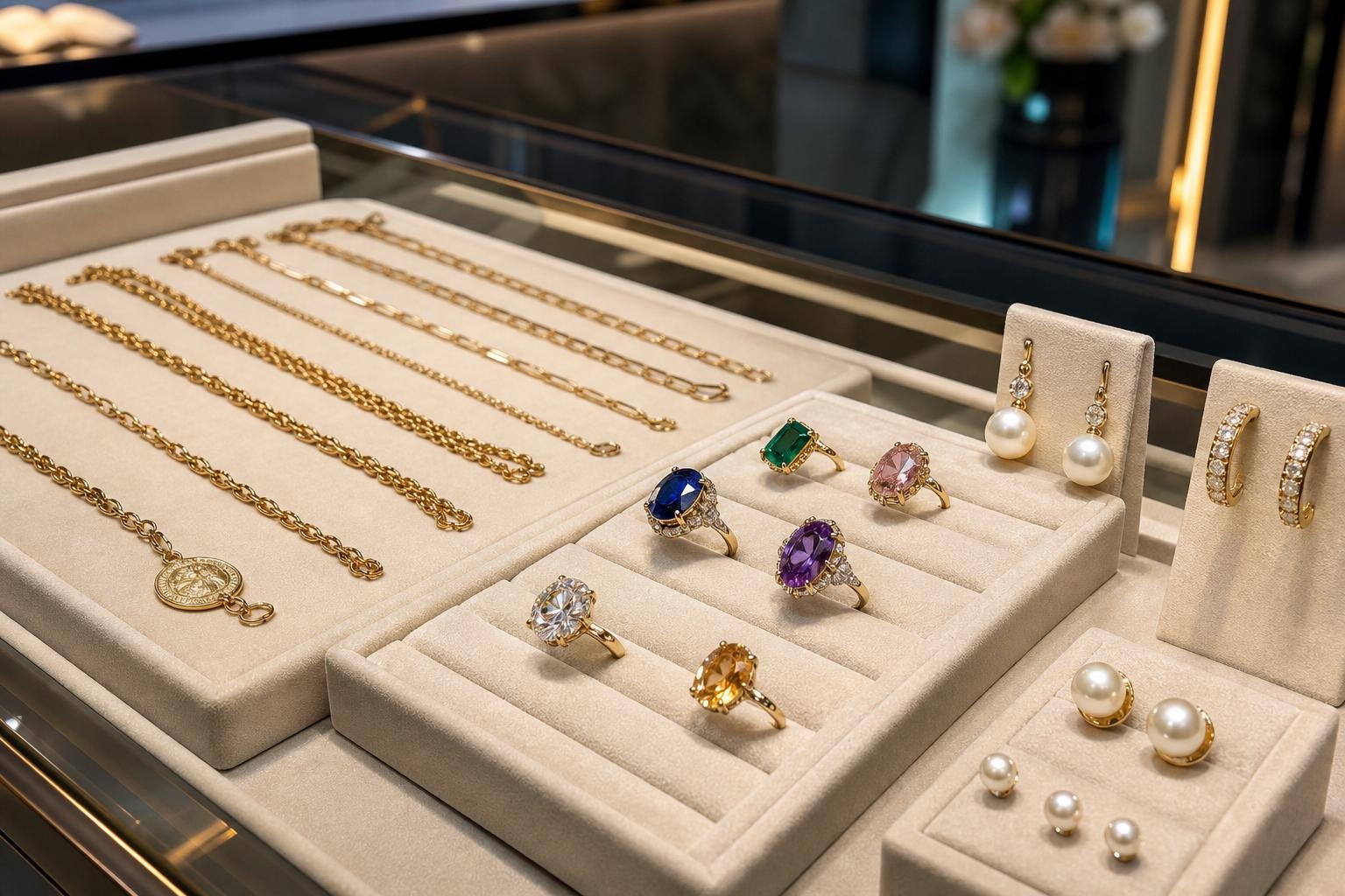 Close view of gold chains, gemstone rings, and pearl earrings in a refined jewelry case