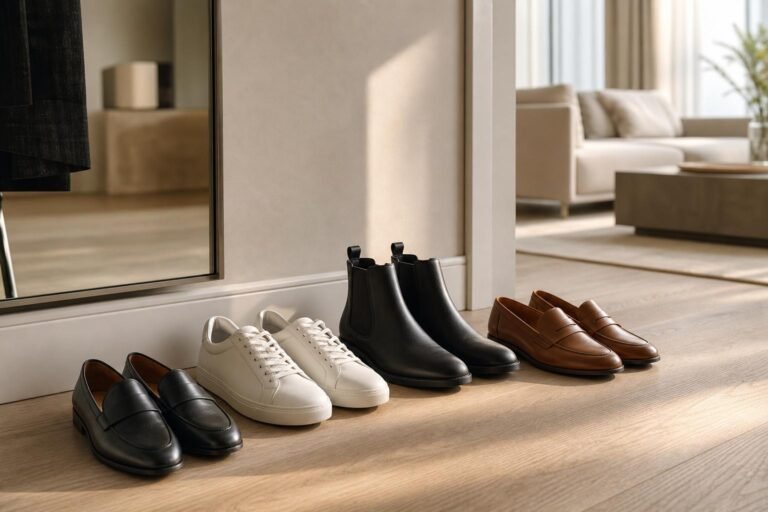Editorial still life of versatile leather loafers, white sneakers, and ankle boots arranged in a bright modern entryway
