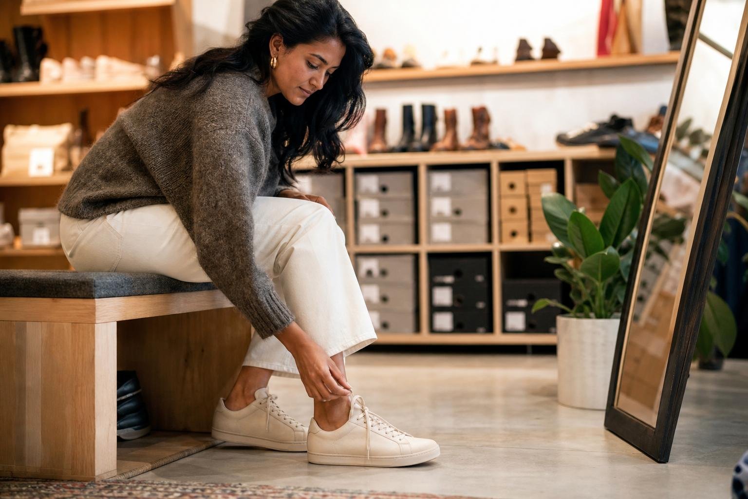 Shopper comparing shoes near me while trying on neutral sneakers in a bright local shoe store