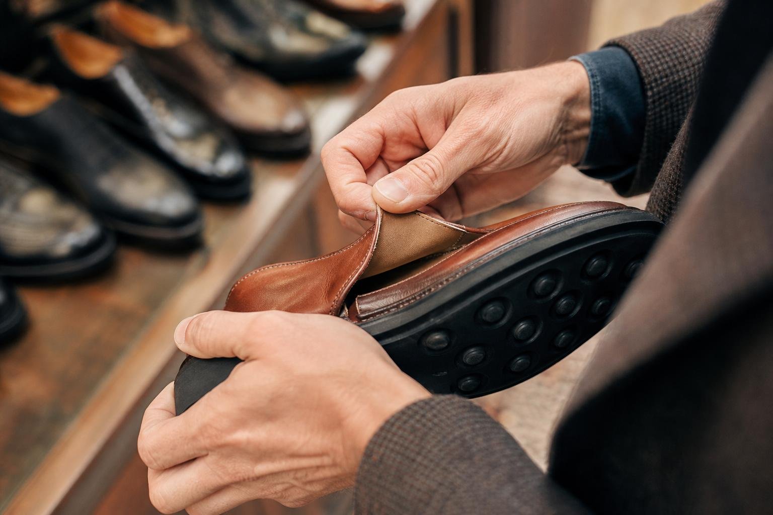 Close view of a shopper checking the flexible sole and interior lining of a leather shoe