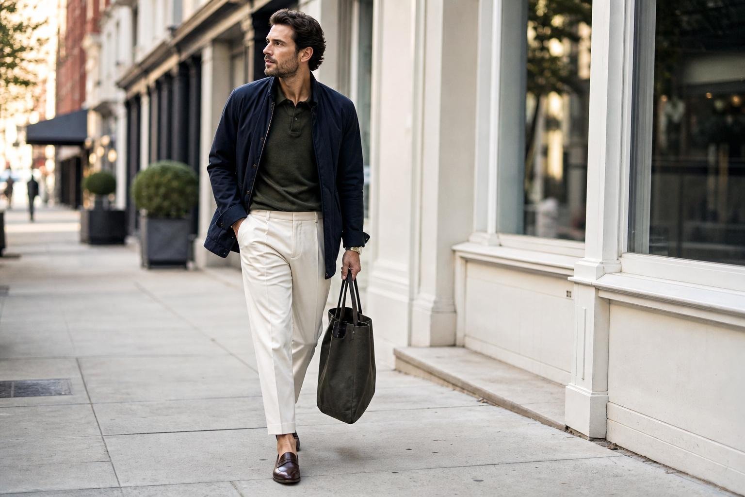 Well-dressed adult walking in loafers on a city sidewalk with a tote bag