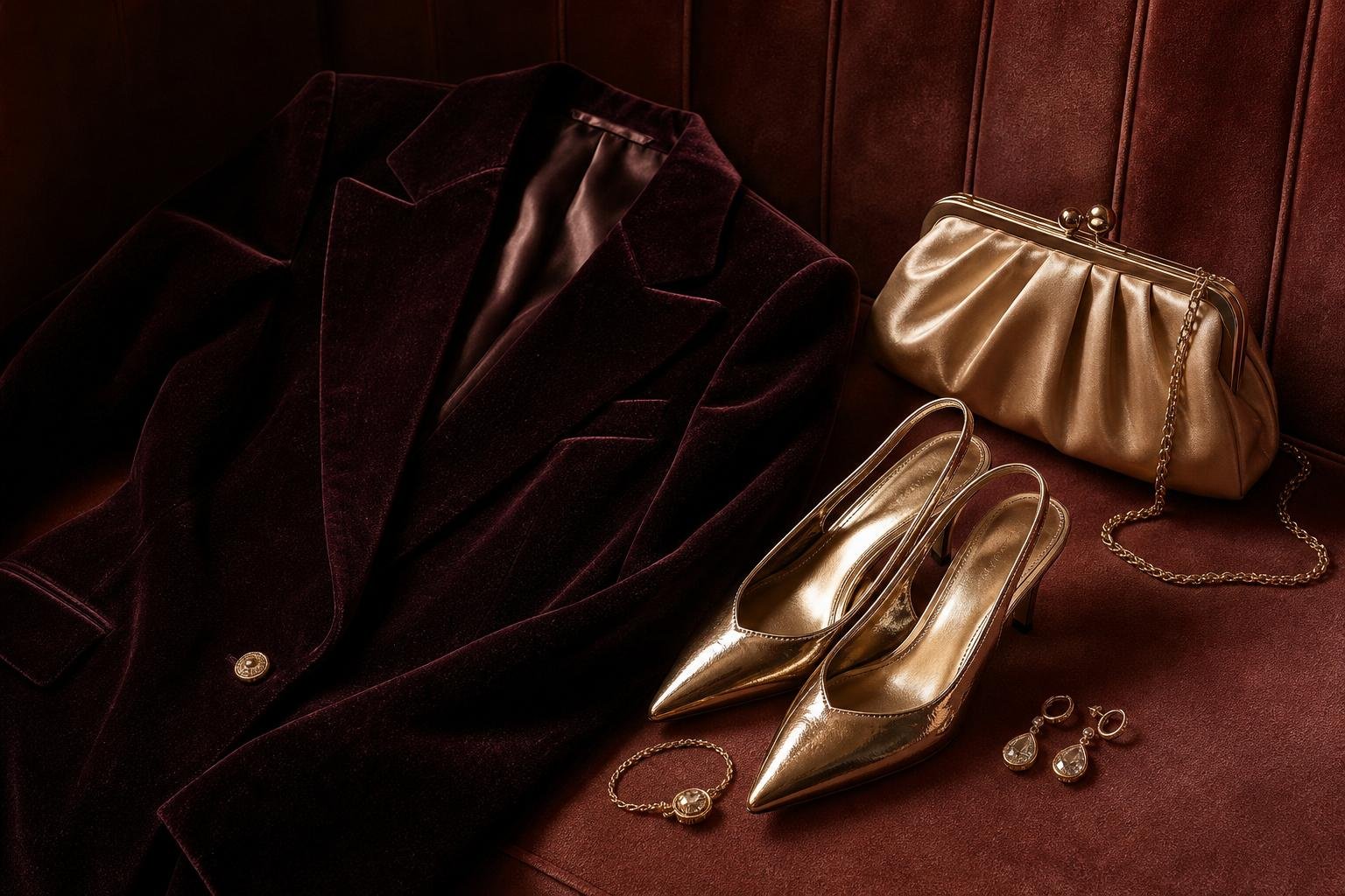 Close view of velvet tailoring, a satin clutch, and metallic evening shoes