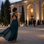 Elegant guest in a flowing evening gown walking beneath soft lights outside a formal event venue