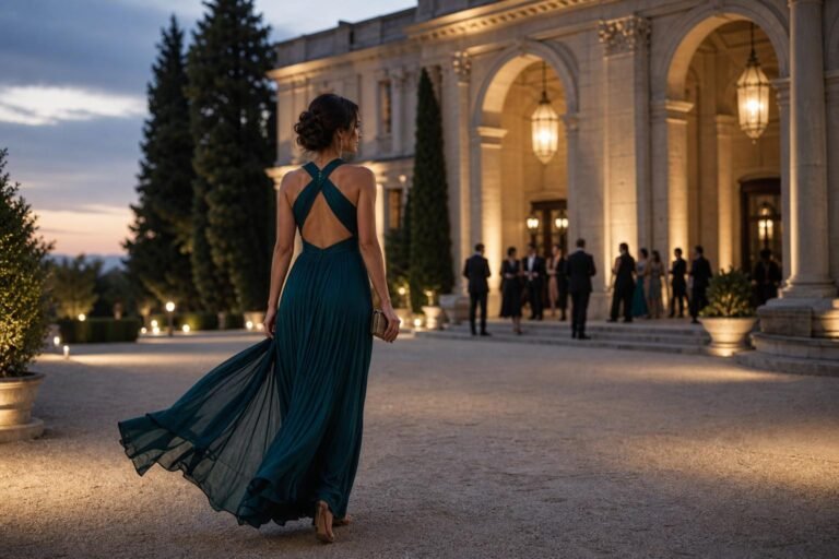 Elegant guest in a flowing evening gown walking beneath soft lights outside a formal event venue