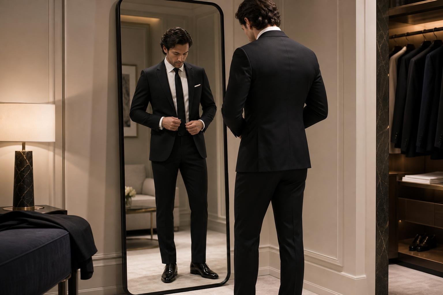 A red carpet ready guest adjusts the waist of a tailored black evening suit in a softly lit dressing room