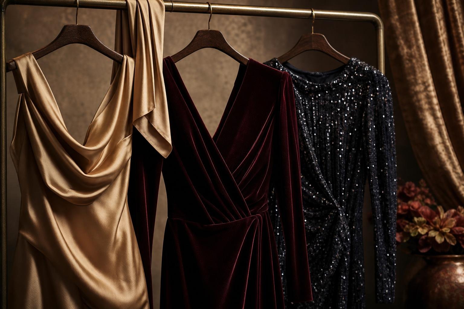Formal dresses in satin, velvet, and sequined fabric displayed on a curated clothing rack