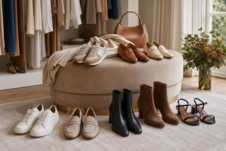 Curated women’s footwear including sneakers, loafers, ankle boots, and sandals arranged in a bright dressing room