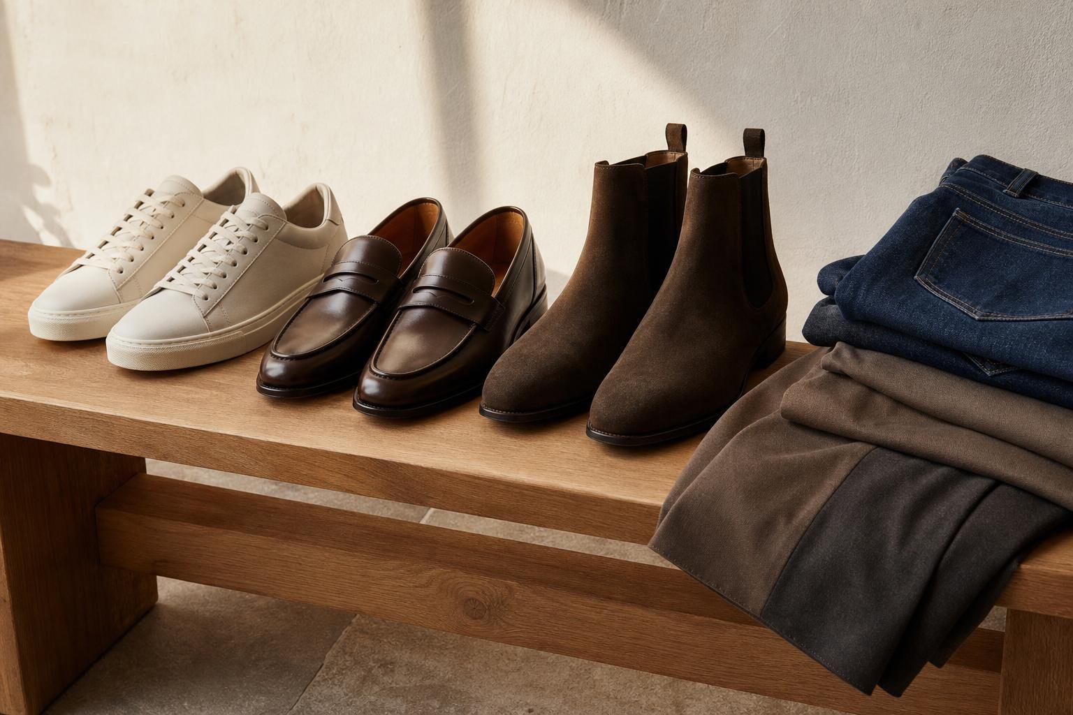 Neutral low-profile sneakers, leather loafers, and ankle boots styled with denim and tailored trousers