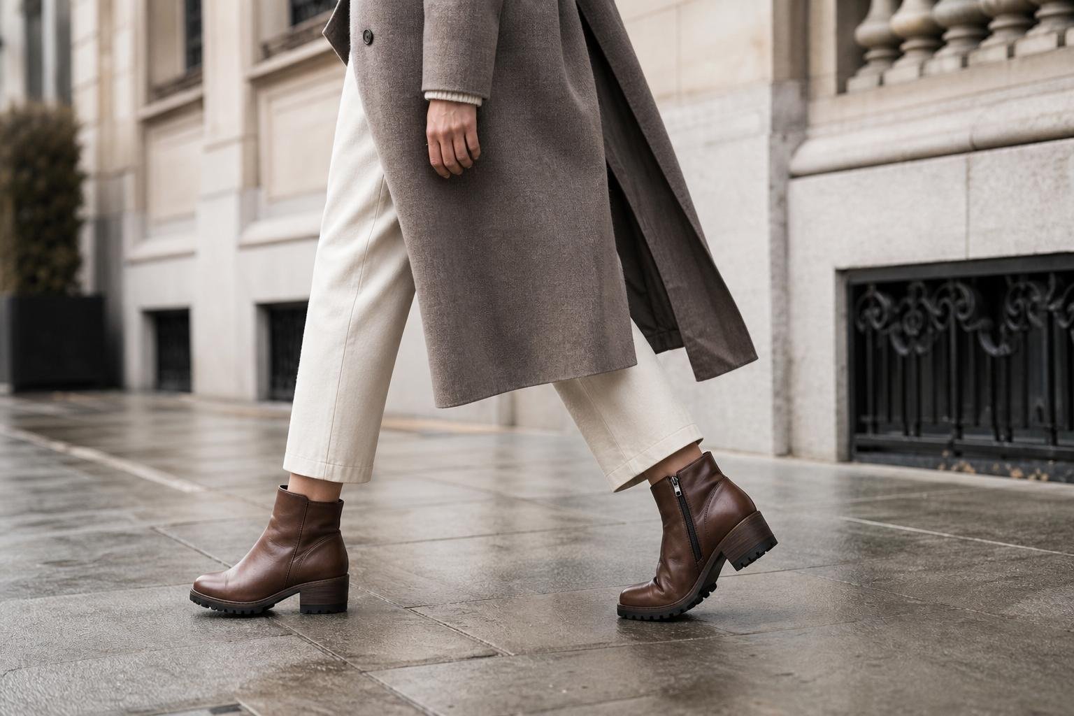 Close view of a woman walking in supportive brown leather ankle boots on a city sidewalk