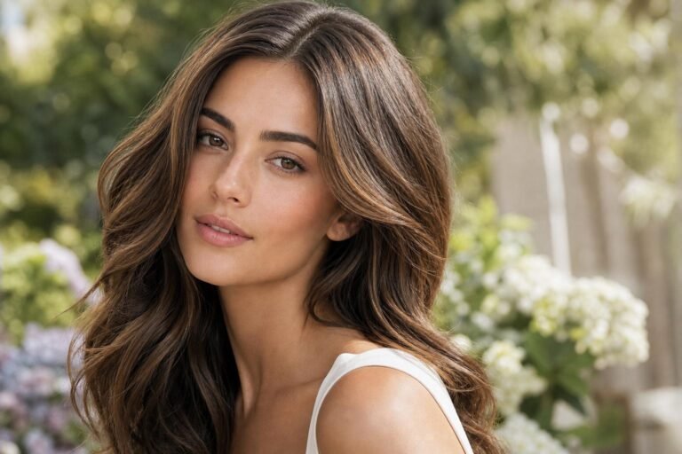 Glossy brunette hair with soft warm dimension styled in loose summer waves