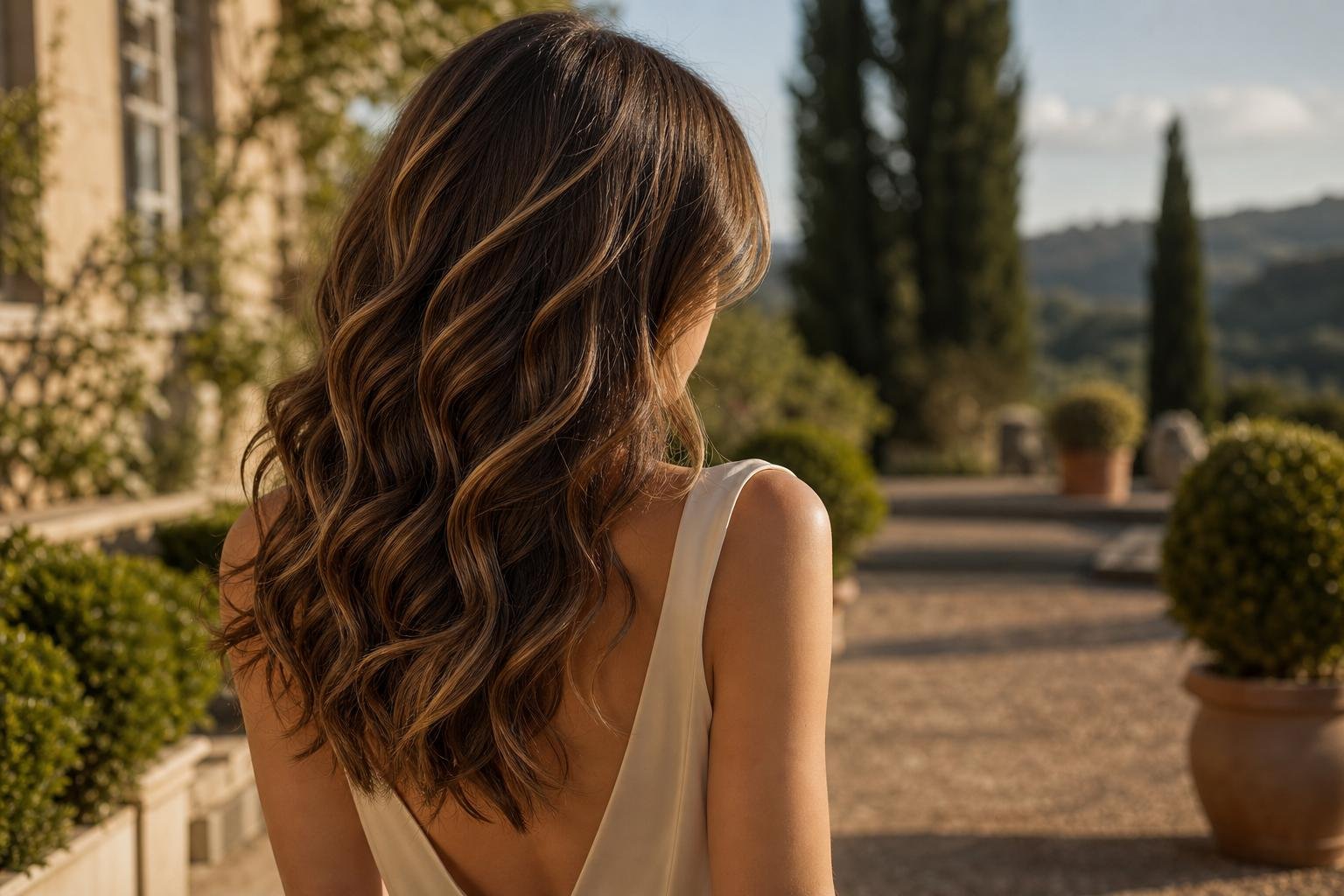 Softly highlighted brunette waves inspired by kate middleton new hair crathie kirk in warm afternoon light