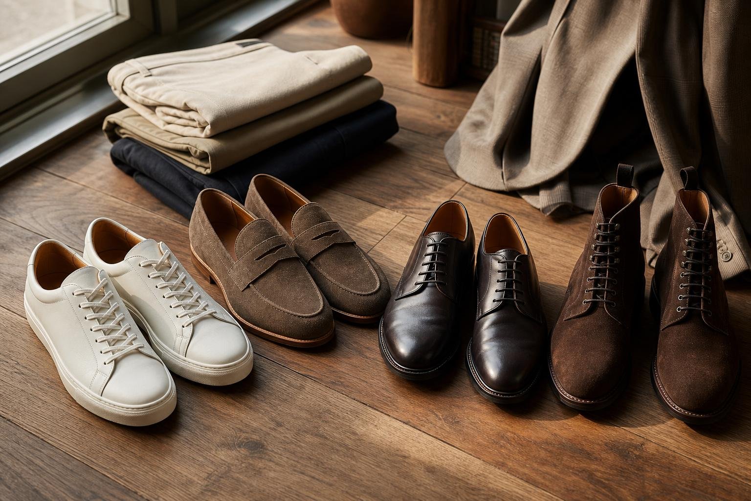 Men's footwear lineup including leather sneakers, loafers, derbies, and boots arranged on a warm wood floor