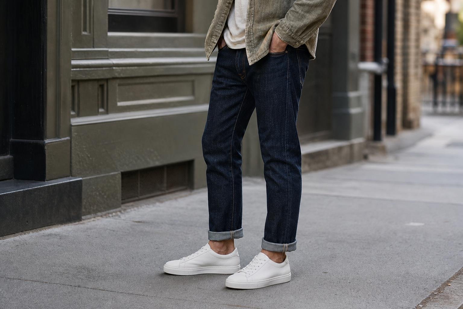 Minimal white leather sneakers styled with cuffed dark denim and a relaxed overshirt