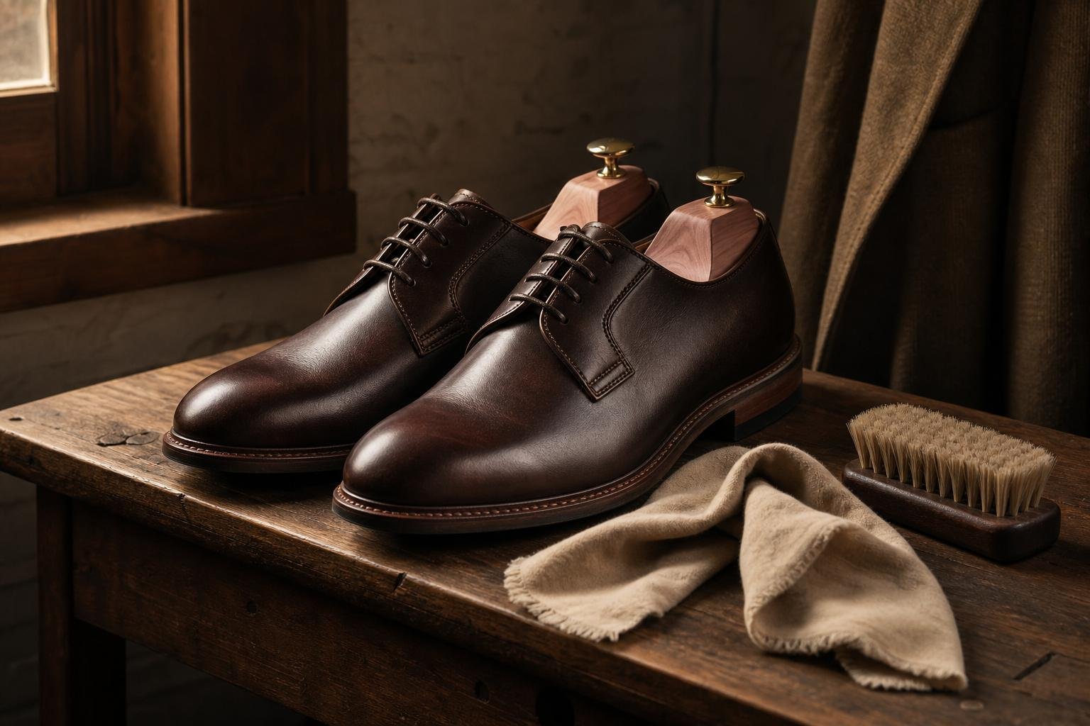 Dark brown leather derby shoes with shoe trees and a polishing cloth on a bench